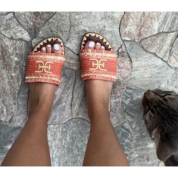 NIB Sam Edelman Georgia 7M Orange Raffia Flat Slide Sandals Resort Beach - Picture 11 of 12